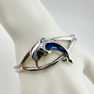 Leaping Dolphin Abalone Inlay Ocean Beach Vacation Vibes Silver Tone 6.75" Cuff
